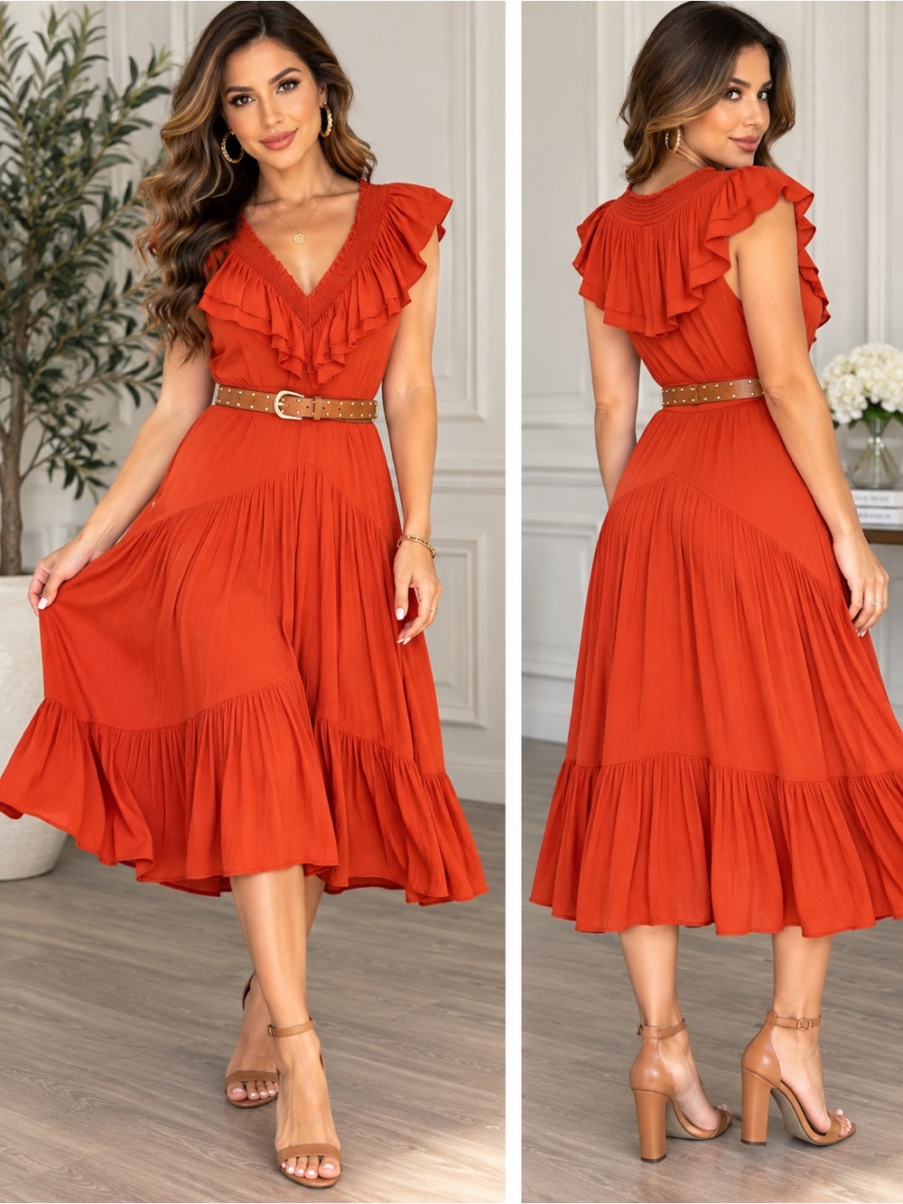 ZARA NWT Brick Red Ruffle Midi Dress w/ Original Belt Size M